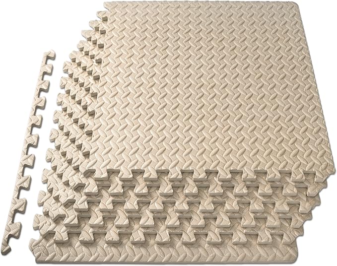 ProsourceFit Exercise Puzzle Mat ½-inch, EVA Interlocking Foam Floor Tiles for Home Gym, Workout Equipment, Kids Play Areas, Cream, 24 Sq Ft - 6 Tiles