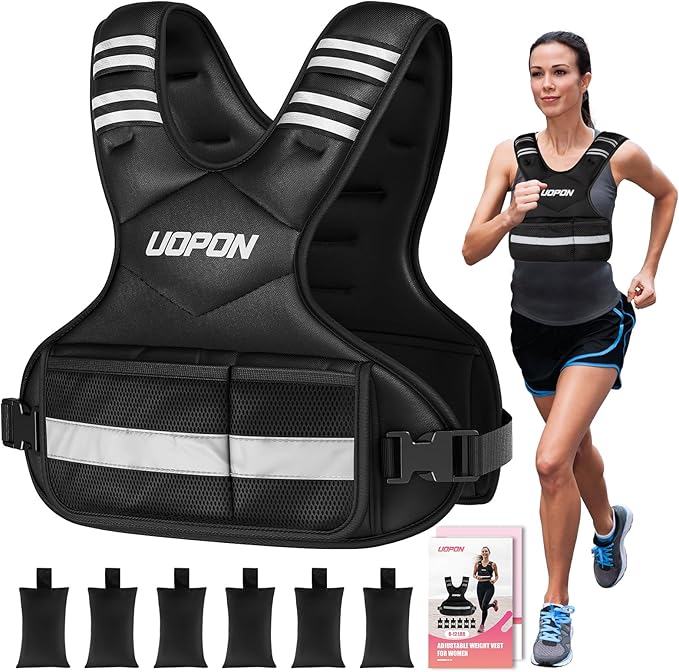 Adjustable Weighted Vest Women Men, 6-12 Lb/10-19 Lb/20-32 Lb Rucking Vest with 6 Ironsand Weights, Great Vest with Plus Pockets & Reflective Strips for Running, Walking, Workout and Strength Training