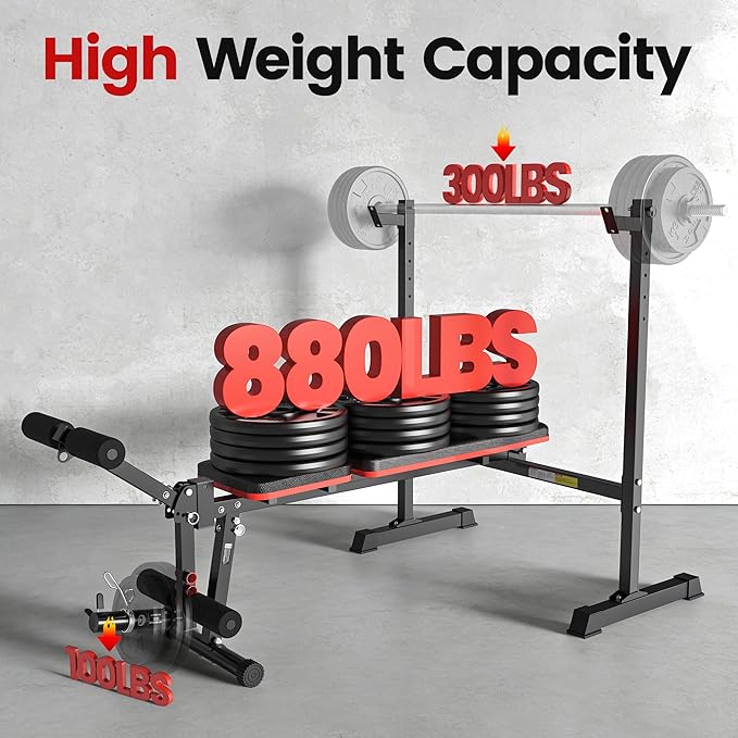 Weight Bench Set, 880LBS Adjustable Bench Press Set with Leg Extension and Barbell Rack, Safety Bar Catches, Fasting Foldable Workout Benches for Home Gym Fitness