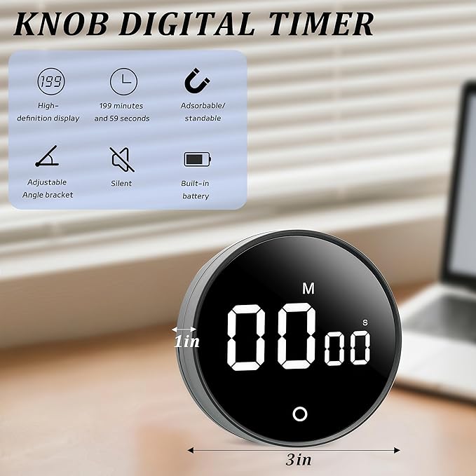 Digital Kitchen Timer - Magnetic 199-Minute Countdown Countup Timer with Large LED Display,Volume Adjustable, Visual timers for Cooking,Gym,Meeting,Classroom,Study,Work,Outdoor Activities,Black
