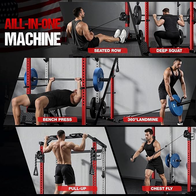 DP01 Power Cage, 2000LBS Squat Rack with with Cable Crossover and Dual Independent Pulley System, Full Cage for Full Body Training, Power Rack with More Training Attachments for Home Gym