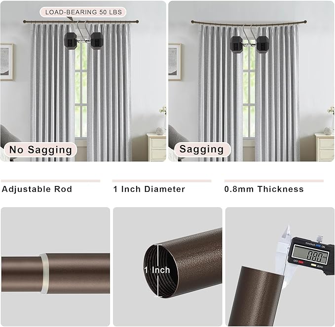 Dark Bronze Curtain Rods, 48-88" Adjustable, Aluminum, Wrap Around, Blackout, Room Darkening, Wall Mounted