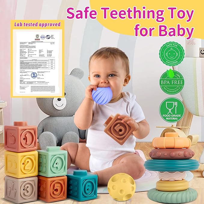 Montessori Toys for Babies, 3 in 1 Baby Toys 6 to 12 Months - Stacking Blocks & Sensory Balls & Soft Teething Rings, Newborn Learning Toys Activity Gifts for Toddlers 3-6-9-12 Months, 18PCS