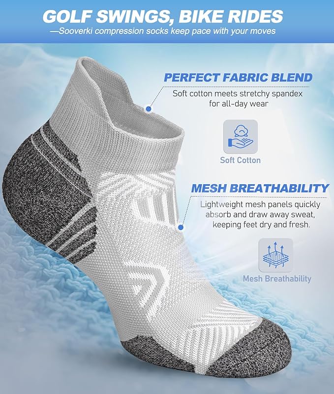 Cushioned Cotton Ankle Compression Socks for Men Women 6 Pairs Wicking Low Cut Arch Support Plantar Fasciitis Socks