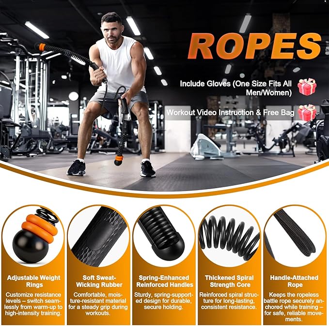 Portable Ropeless Battle Ropes, Adjustable Weights Cordless Battle Ropes for Home Gym with Storage Bag, Weighted Exercise Equipment for Low-Impact Workout, Strength & HIIT, for Men & Women (Black)