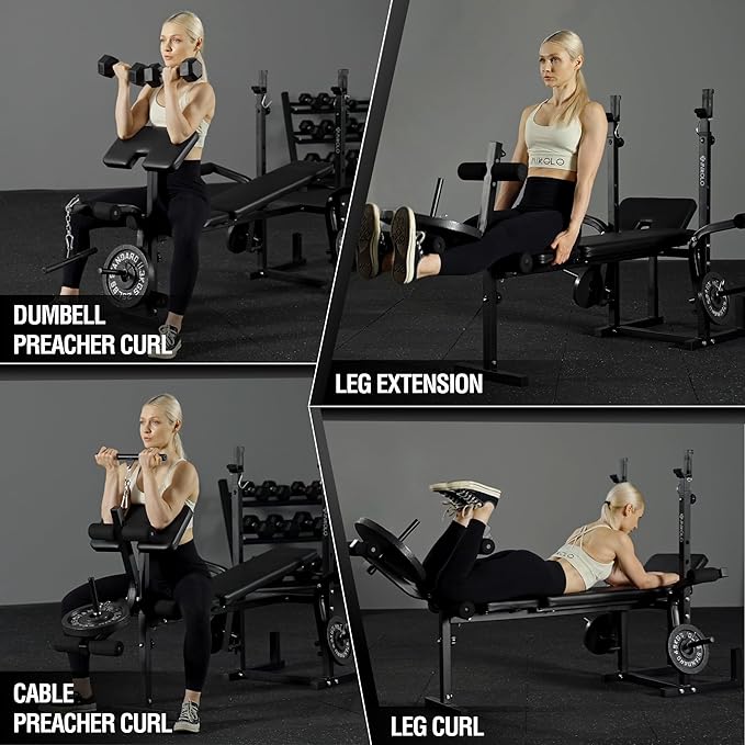 Mikolo 8 in 1 Olympic Weight Bench Set with Leg Extension and Leg Curl, Multi-Function Bench Press Set with Preacher Curl Pad and Chest Fly, Full-Body Strength Training Equipment