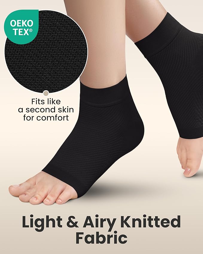 KEMFORD Ankle Compression Sleeve - 1-Pair, Plantar Fasciitis Braces - Open Toe Compression Socks for Swelling, Sprain, Neuropathy, Foot Arch Support for Men and Women - 20-30mmhg, M, Black