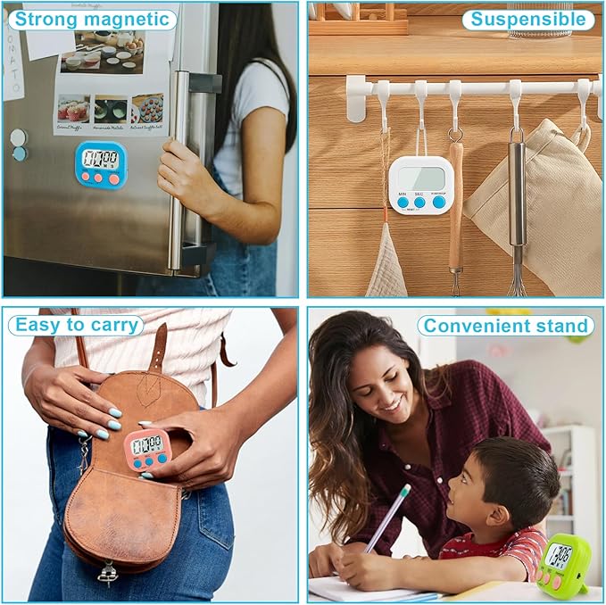 6 Pack Digital Kitchen Timer Multi-Function Magnetic Timers Classroom Timer for Kids Loud Alarm Big LCD Display Electronic Timers for Cooking, Classroom, Exercise, Meeting(Blue, Green, Pink, White)