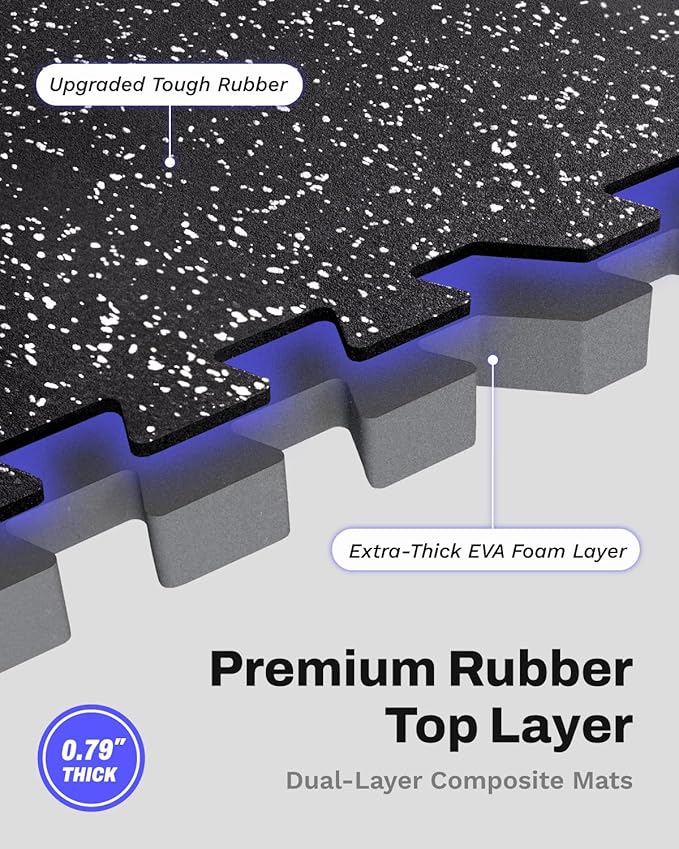 AIRHOP 0.79in Thick 48 Sq Ft Exercise Equipment Mats, 12 Tiles Upgraded Rubber Top with High Density EVA Foam, Large Interlocking Puzzle Gym Flooring for Home Gym, Heavy Weight Workout,Black & White