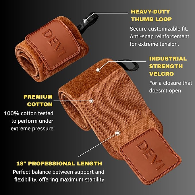 Wrist Wraps for Weightlifting 18" with Thumb Loop- Professional Quality, Best Wrist Support Wraps for Gym, Powerlifting Competition, Bodybuilding, Strength Training, Curls & Dips, Bench Press- Men and Women (Pair) DEVI