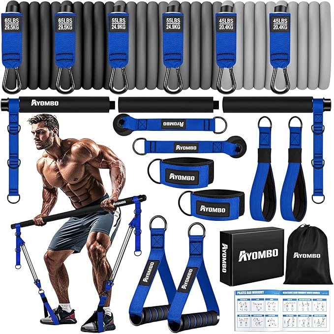 Pilates Equipment, Heavy Duty Pilates Bar Kit with Resistance Bands, Portable Gym Adjustable Exercise Bands, Home Squat Training, Arm, Abs, Waist, Chest Strength Workout Equipment for Men
