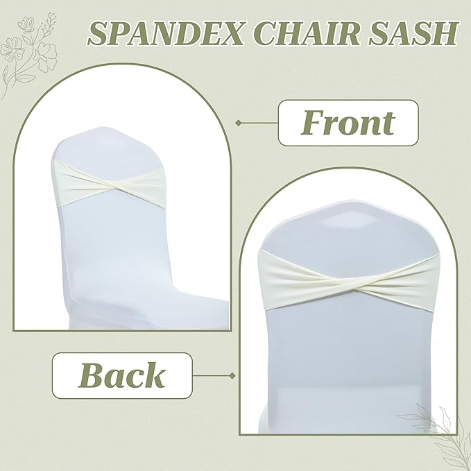 MDS Pack of 75 Spandex Chair Sashes Bows Elastic Stretch Dining Chair Bands Ties Without Slider Buckle Universal fits for Wedding Baby Shower Birthday Party Banquet Event Decoration - Ivory