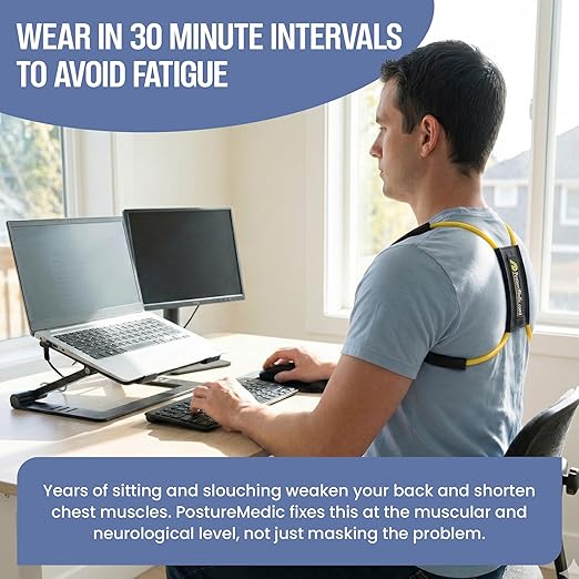 PRIMEKINETIX PostureMedic Dynamic Posture Corrector - Active Resistance Training System for Upper Back Strengthening & Shoulder Alignment - Stretches Chest, Strengthens Back - Size L (Yellow)