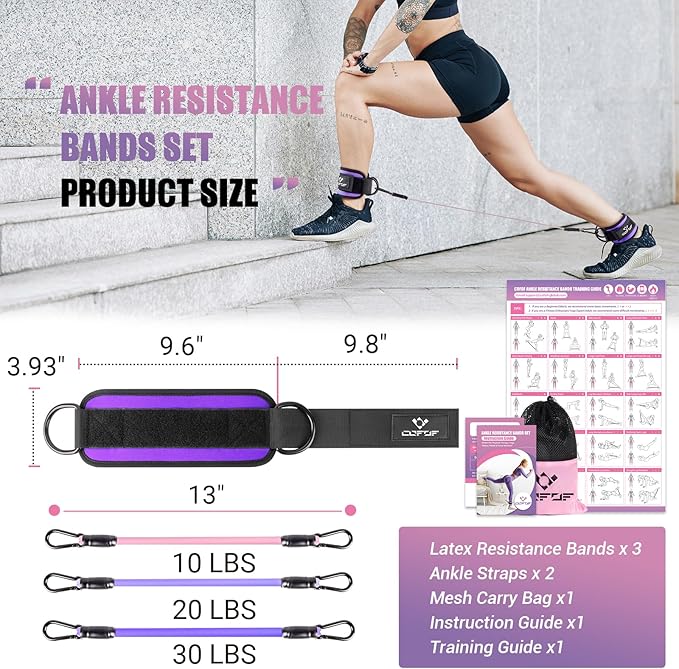 Ankle Resistance Bands with Cuffs, Ankle Bands for Working Out, Kickbacks Hip, Leg Glute Exercise Equipment with Training Poster, Resistance Workout Equipment for Women