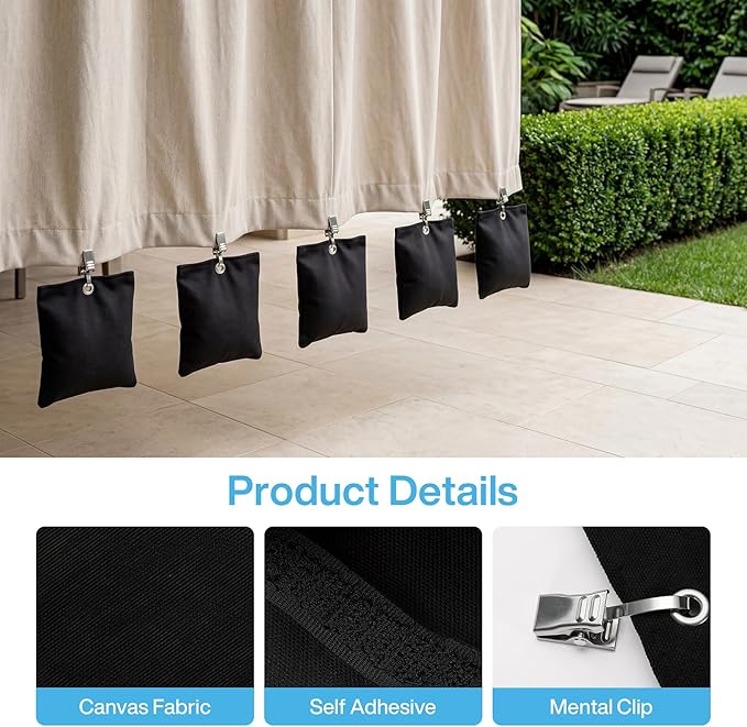 16 Pack Outdoor Curtain Weights, 15oz Curtain Weights Bags, Drapery Bottom Windproof Weighted Sandbag Bags with Sealed Bags & Clips for Outdoor, Patio Curtains Gazebo Tablecloths