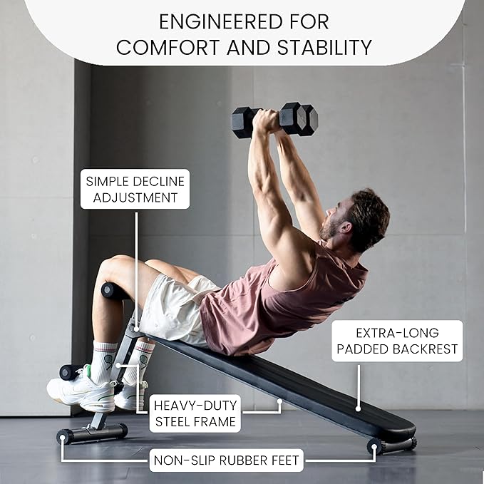 Finer Form Gym-Quality Adjustable Sit Up Ab Bench & Decline Weight Bench for Home Gym Strength Training.