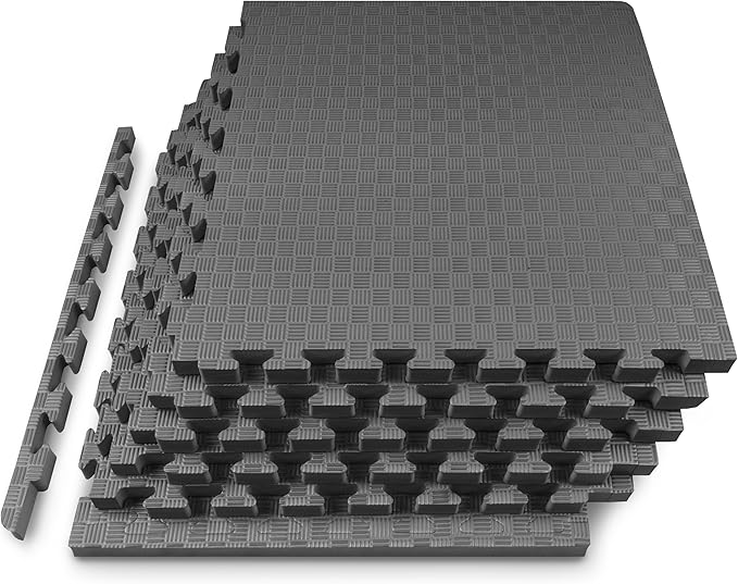 ProsourceFit Exercise Puzzle Mat 1-inch, Checkered EVA Foam Floor Tiles w/Non-Slip Texture, Interlocking Design for Adjustable Gym Surfaces, Shock Absorbing, Grey, 24 SQ FT - 6 Tiles