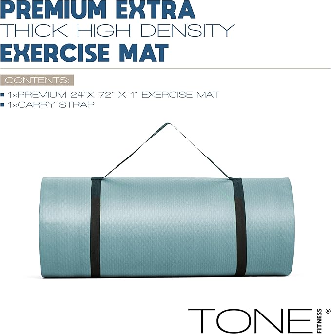 Tone Fitness 1-Inch Thick Yoga Mat | High-Density, Non-slip Exercise Mat with Carrying Strap for Yoga, Pilates, & Home Gym Workouts | Multiple Options