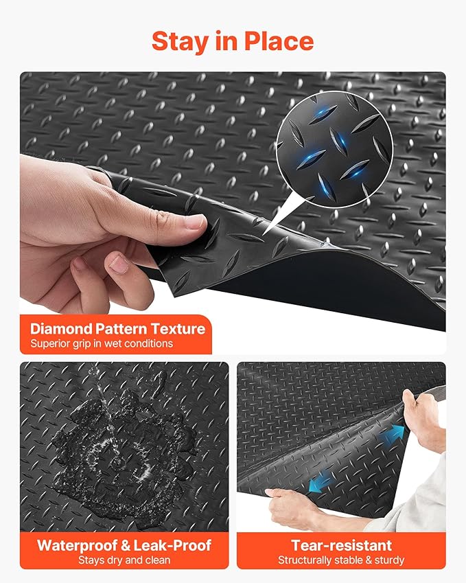 VEVOR Garage Floor Roll, 7.5 x 20 ft Garage Flooring Mat, 2.2 mm Thickened PVC Diamond Plate Floor Protector Mat with Double-Sided Tape, Non-Slip, Easy to Clean for Warehouse, Gyms, Trailer, Black
