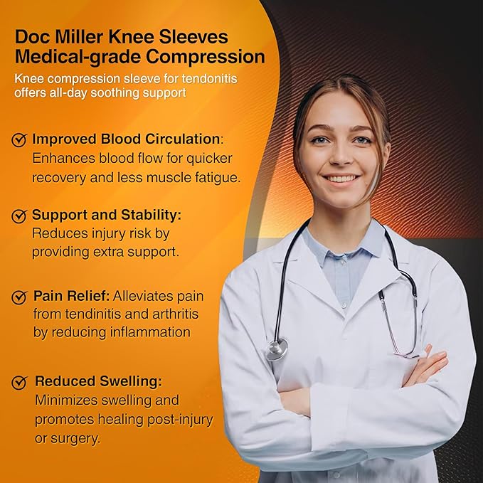 Doc Miller Knee Compression Sleeve Brace for Men & Women (Pair) Best Support for Workout Running ACL Arthritis Pain Relief