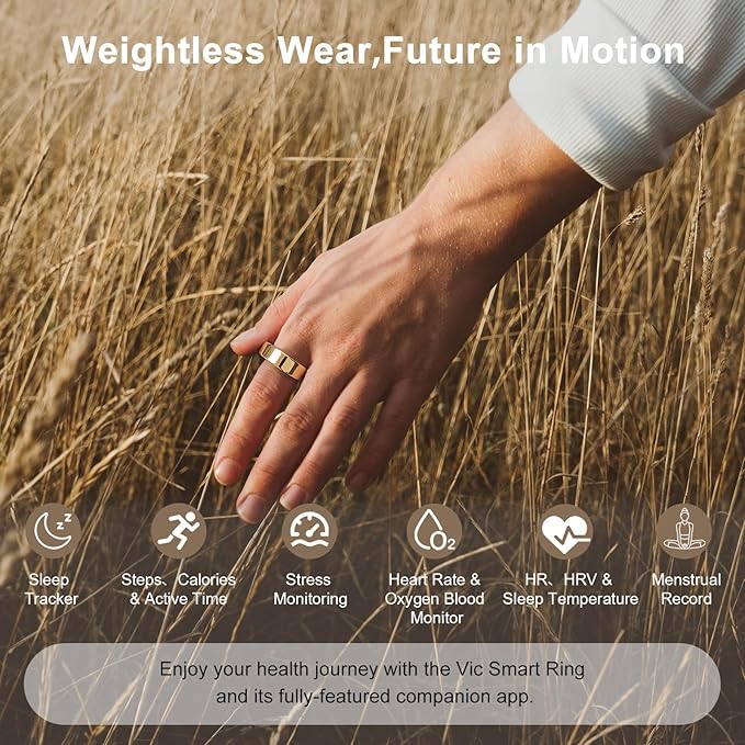 Titanium Smart Ring, Sleep & Activity Tracking Ring with Heart Rate, HRV, Stress Insights, 7-Day Battery Life, No Subscription, IP68 Waterproof, iOS & Android Compatible (Gold, 11)