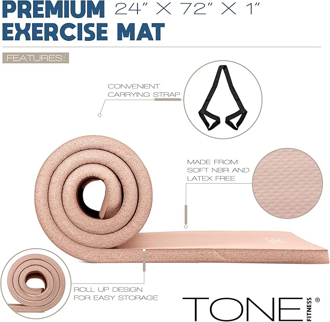 Tone Fitness 1-Inch Thick Yoga Mat | High-Density, Non-slip Exercise Mat with Carrying Strap for Yoga, Pilates, & Home Gym Workouts | Multiple Options