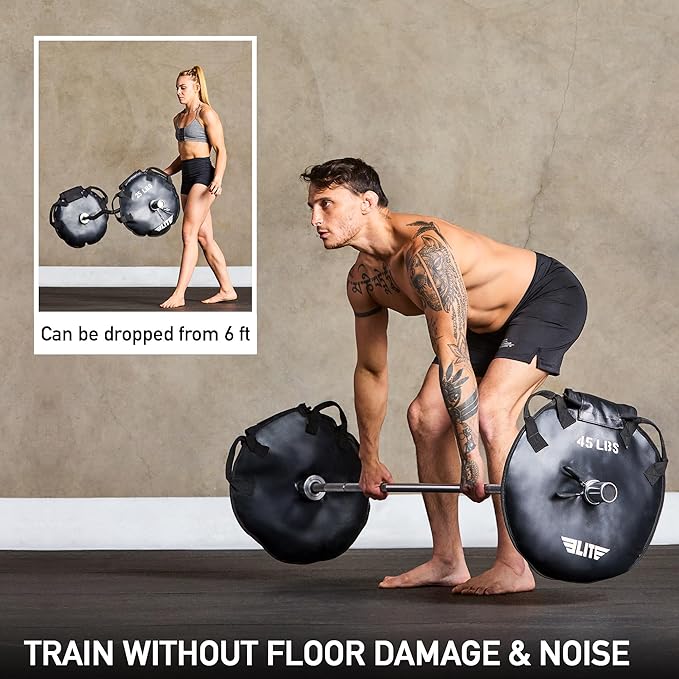 Elite Sports UNFILLED Workout Sand Plates (Set of 2) – EMPTY Fillable Olympic Weight Plates for Barbell Training – Drop-Proof Waterproof TPU – 10/15/25/35/45 LB Options – Strength, CrossFit, Home Gym & Functional Fitness