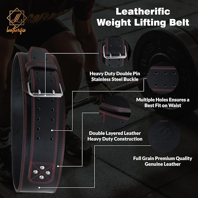 Premium Leather Weight Lifting Belt for Men & Women - 8MM Thick, 4" Wide, Heavy Duty Gym Belt with Steel Buckle for Weightlifting, Powerlifting, Strength Training, Squat or Deadlift Workout, Lower Back Support
