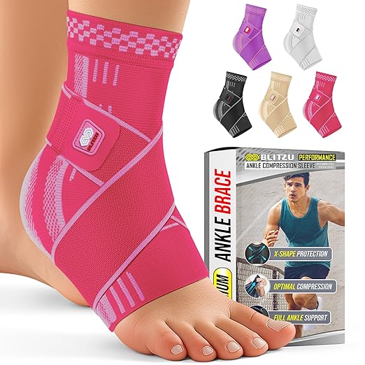 BLITZU Ankle Brace for Women, Men, Plantar Fasciitis Relief, Achilles Tendonitis Brace for Sprained Foot, Ankle Compression Sleeve with Strap Pink S