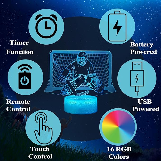 Hockey Night Light, Hockey Goalie Gifts, 3D Illusion Lamp with Remote Control, 16 Colors Changing, RGB Flashing Mode, Timer and Dimmable, Hockey Gifts for Boys Christmas Decor