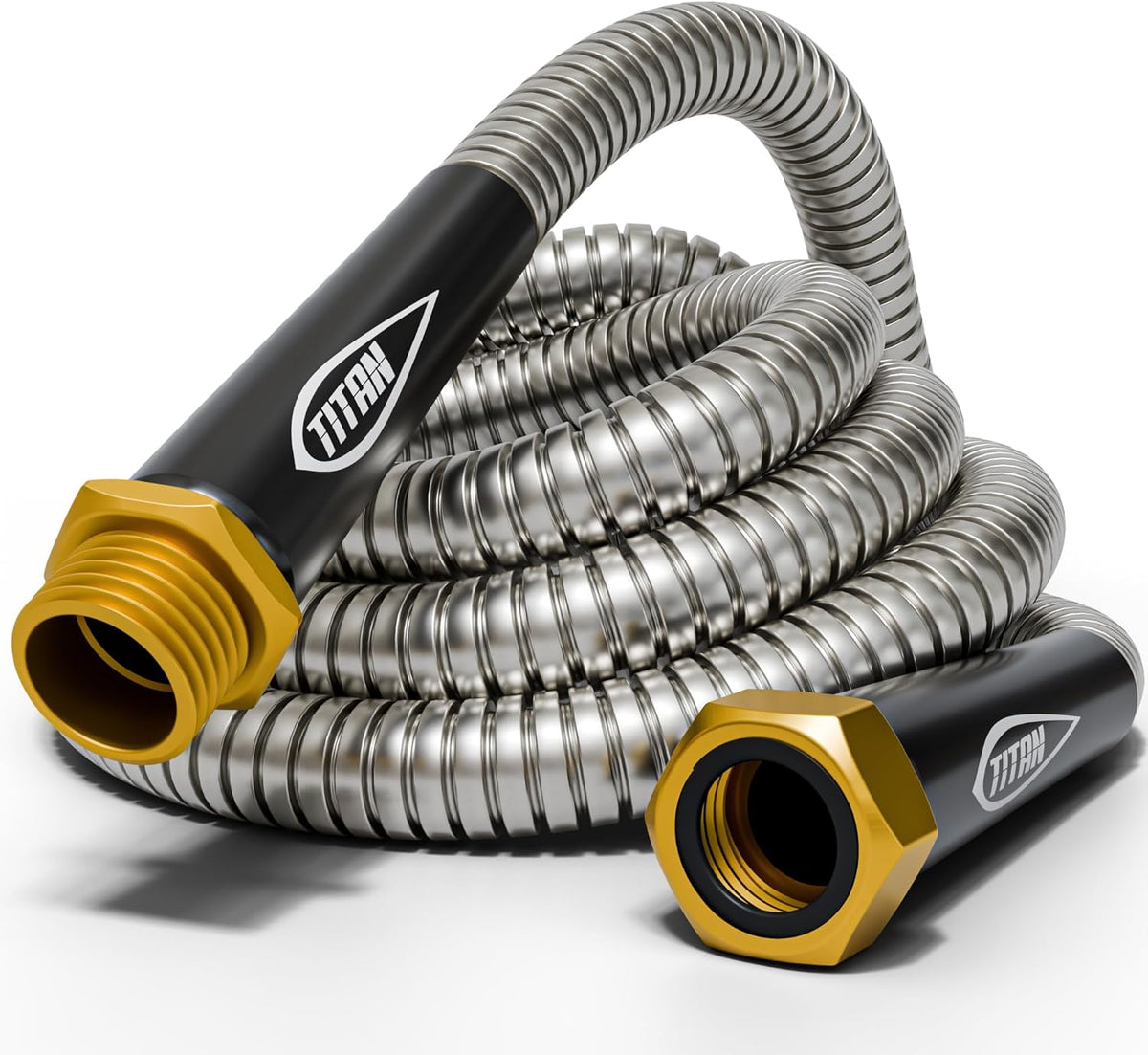 TITAN Garden Hose 50FT - 304 Stainless Steel Metal Water Hose, Flexible, Kink-Free, Lightweight, Durable, Crush Resistant Fittings, Easy to Coil, 500 PSI