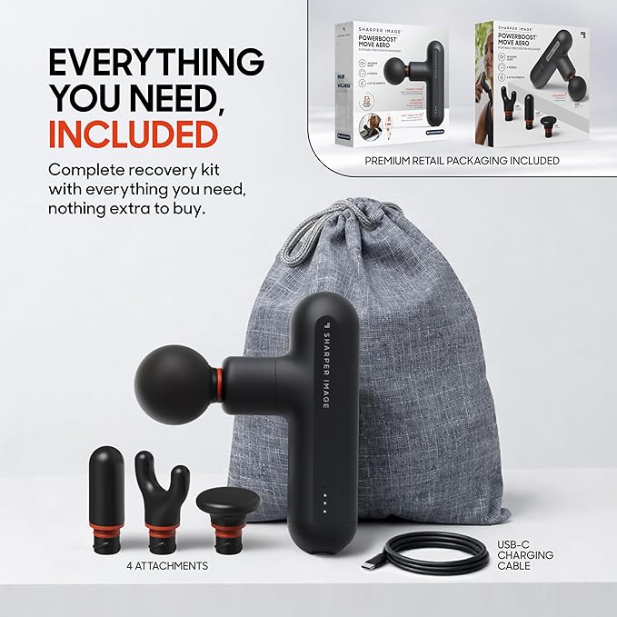 Sharper Image Powerboost Move Aero [New 2026 Version] Mini Deep Tissue Percussion Massage Gun| Muscle Recovery & Pain Relief Massage Tool| Full Body Back & Shoulder Massager| Travel Gift for Men Women