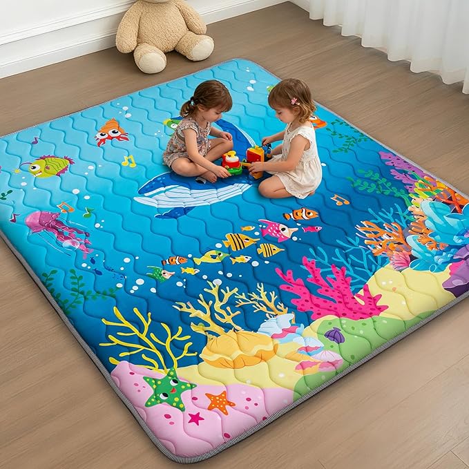 RONGFA Baby Play Mat for Floor, 50'' x 50'' Thicken Foam Soft Padded Mat for Baby, Playpen Mat for Toddlers Infant Kids, Machine Washable, Non-slip Bottom Safe for Crawling (Sea)