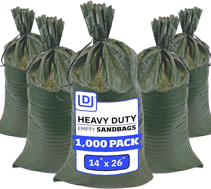 DURASACK Heavy Duty Sand Bags with Tie Strings Empty Woven Polypropylene Sand-Bags for Flood Control with 1600 Hours of UV Protection, 50 lbs Capacity, 14x26 inches, Green, 1000 Count