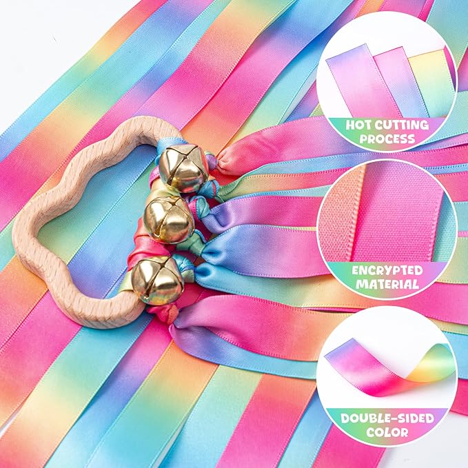 2Pcs Ribbon Hand Kites, Dancing Ribbons, Rainbow Dancing Streamers with Wood Ring and Bells for Artistic Dance, Gymnastics, Entertainment, Decoration and Party