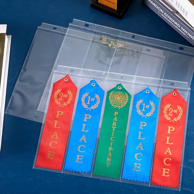 Henoyso Award Ribbon Organizer Holder Swimming Gymnastics Case Clear Blank Plastic Pages Sheets Storage Display Scrapbook Pockets for 3 Ring Binder Storage Prize Contest Competition(100 Pieces)