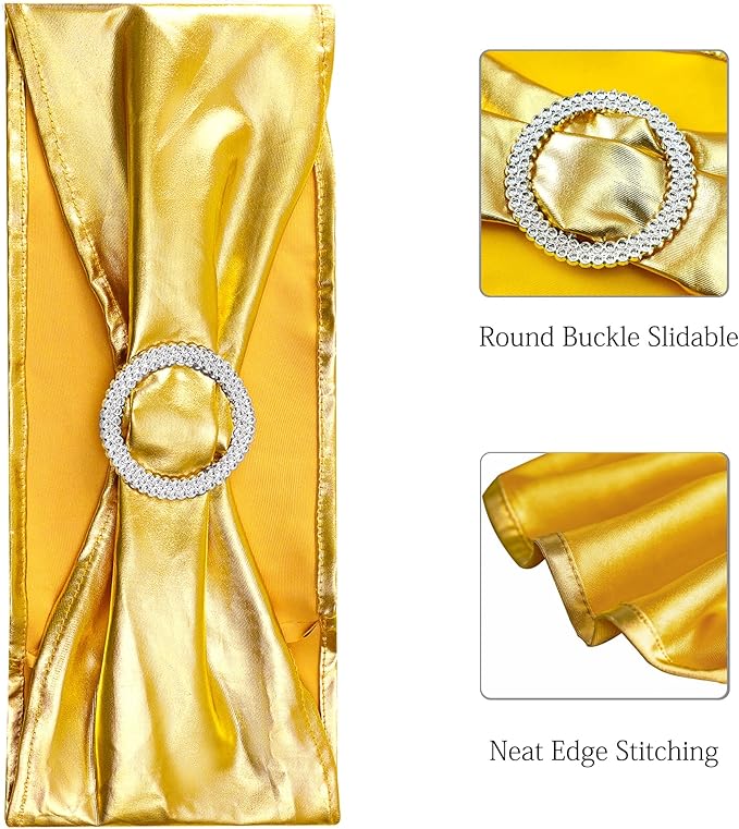Pack of 50 Spandex Bronzing Gold Chair Sashes for Wedding - Metal Gold Chair Bows Bands Fitting Birthday Party Anniversary Bridal Shower Event Decorations