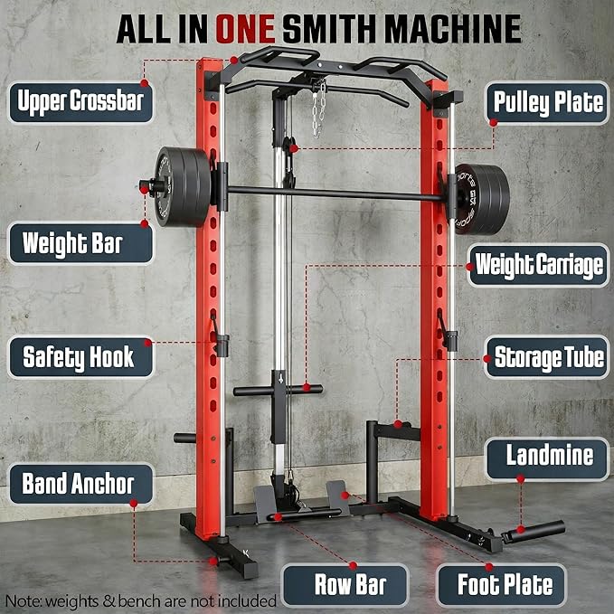 OPPSDECOR All-in-One Adjustable Smith Machine with LAT-Pull Down System Multi-Function Power Cage for Home Gym Cable Crossover Squat Rack of Workout Machine Training Equipment with Attachments