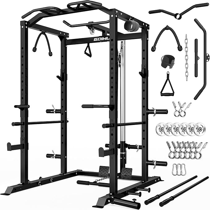 C1-V4 Power Cage, 2000LBS Squat Rack with LAT Pulldown, Multi-Function Weight Cage Strength Training Machine, Workout Cage with More Attachments for Home Gym Garage
