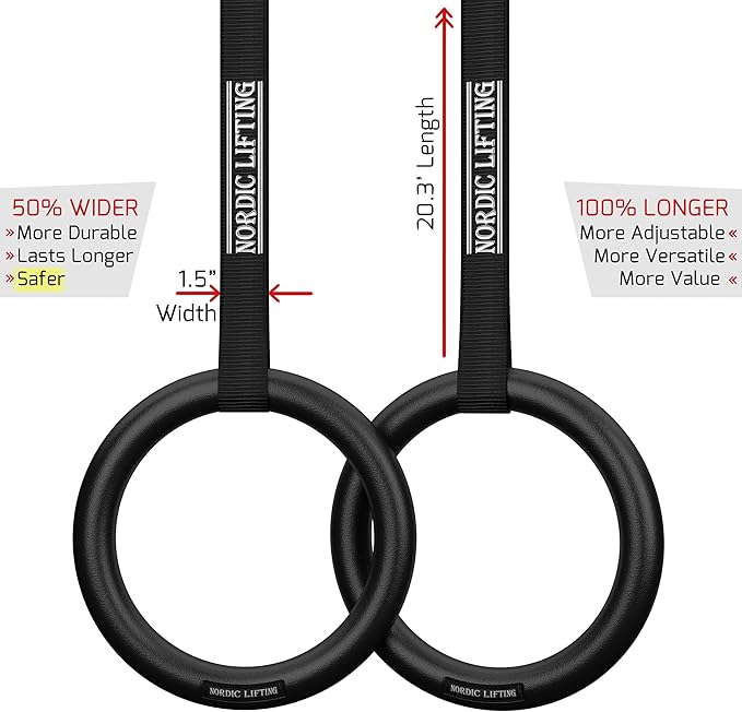 Nordic Lifting Gymnastic Rings and Straps - Heavy Duty for Gymnastics, Crossfit, & Fitness Training - Best Olympic Home Gym Set - PC Plastic is Stronger Than Wood
