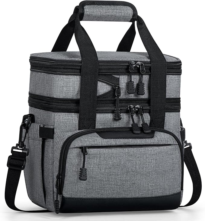 Large Lunch Box for Men/Women Dual-Compartment Insulated Lunch Bag,Adults Expandable Leakproof Cooler Bag Lunch Tote with Adjustable Shoulder Strap for Work Camping Picnic,Grey 24-Can(14L)