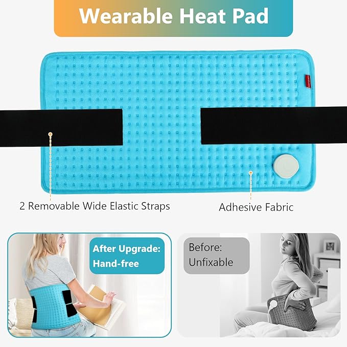 Comfytemp Wearable Heating Pad for Back & Period with 2 Elastic Straps, FSA Eligible 12"×24" Electric Large HSA Heated Pad for Neck Shoulder Leg Knee, Birthday Gifts for Women Men Mom Dad, Washable