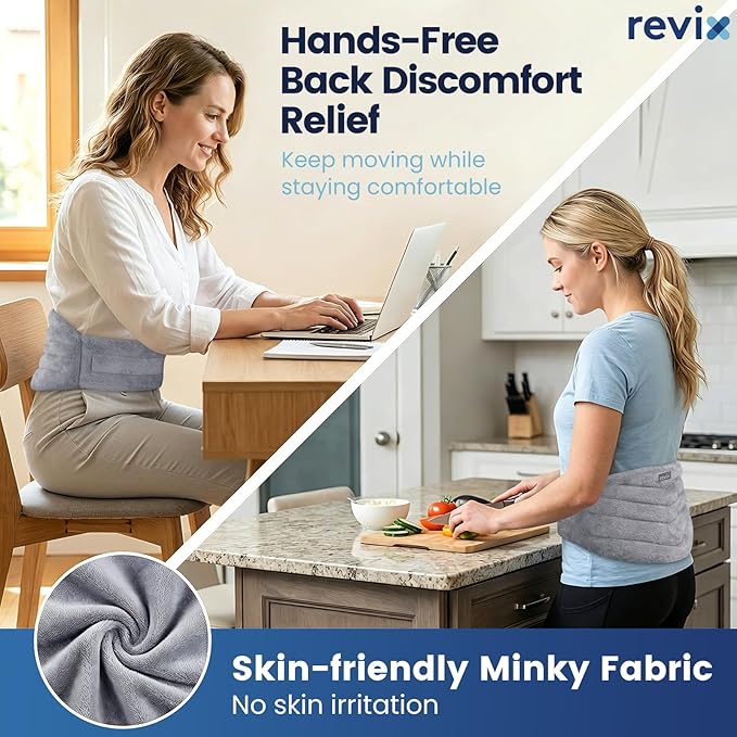 REVIX Microwave Heating Pad for Back Pain Relief, Hands-Free Wearable Microwavable Waist Wrap with Moist Heat, Unscented Hot or Cold Therapy Pack with Flaxseed and Clay Beads for Cramps, Gray