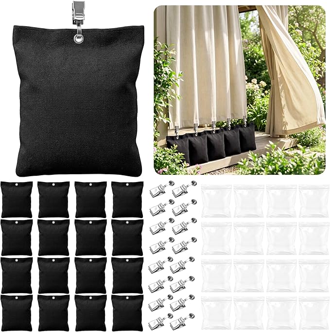 16 Pack Outdoor Curtain Weights, 15oz Curtain Weights Bags, Drapery Bottom Windproof Weighted Sandbag Bags with Sealed Bags & Clips for Outdoor, Patio Curtains Gazebo Tablecloths