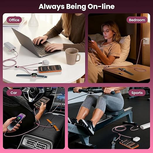 Travel Essentials & Car Accessories, 3 in 2 Multi Charging Cable USB C Multiple Travel Charger, USB A/C to USB C/iWatch Charger/IP, for iWatch Series/Ultra/SE& iPhone 17-8/Galaxy S26/25/Note/iPad-5FT