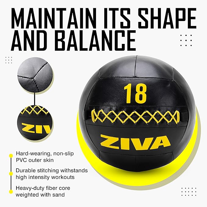 ZIVA Soft Wall Ball – Highly Durable Weighted Exercise Medicine Slam Ball for Strength and Conditioning Workout - Multiple Color, Weight Available