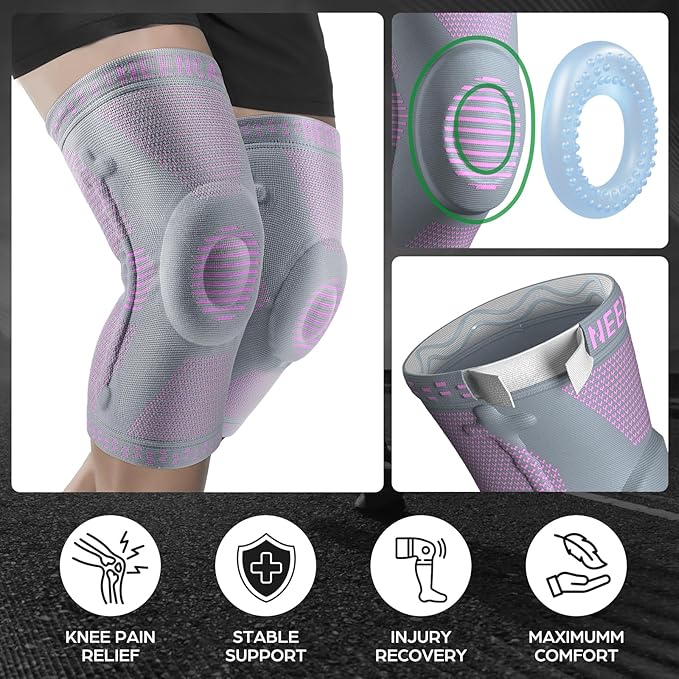 NEENCA Professional Knee Brace for Pain Relief, Medical Knee Support with Patella Pad & Side Stabilizers, Compression Knee Sleeve for Meniscus Tear, ACL, Joint Pain, Runner, Workout (Pink Gray, L)