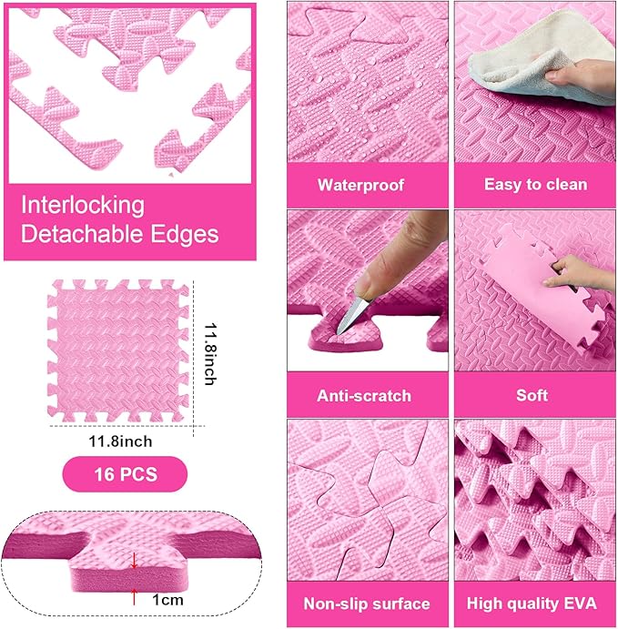 Shihanee Foam Floor Tiles Foam Floor Mats Play Mats Bulk with Borders Interlocking for Bedroom Gym Nursery(11.8 x 11.8 Inch,Light Pink)