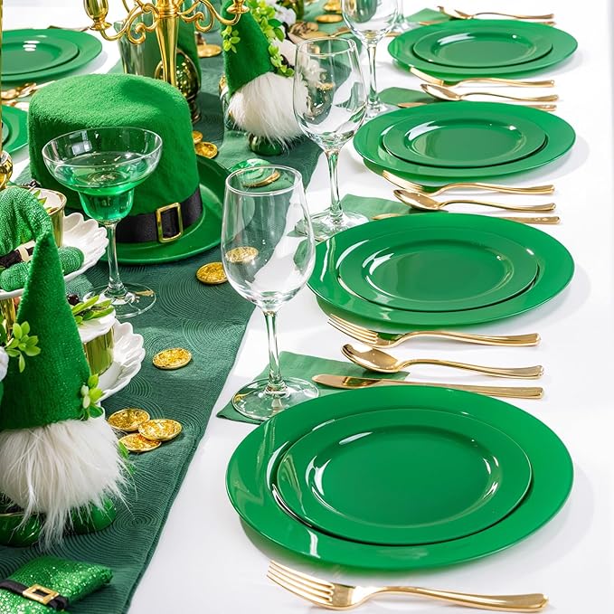 FLOWERCAT 60PCS Green Plates & St. Patrick's Day Plates - Heavy Duty Dark Green plates Disposable for St. Patrick's Party&Easter- Include 30PCS 10.25" Dinner Plates & 30PCS 7.5" Dessert Plates