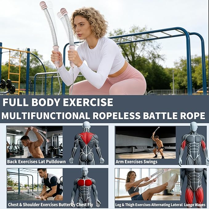 Pinailon Ropeless Battle Ropes, Workout Exercise Rope for Strength Building, Heavy Duty Portable Cordless Battle Ropes for Home Gym, HIIT and Low-Impact Aerobic Training for Men & Women, Pink